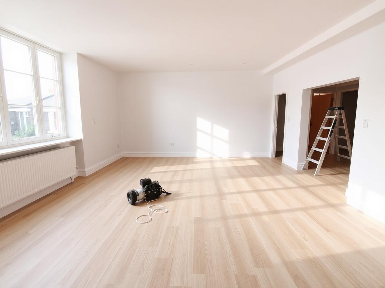 Frisch renovierter, heller Innenraum mit neuem Holzboden
