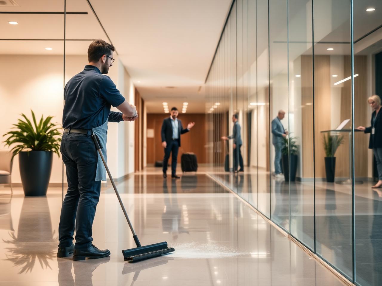 Reinigungskraft reinigt den Boden einer hellen, modernen Bürolobby